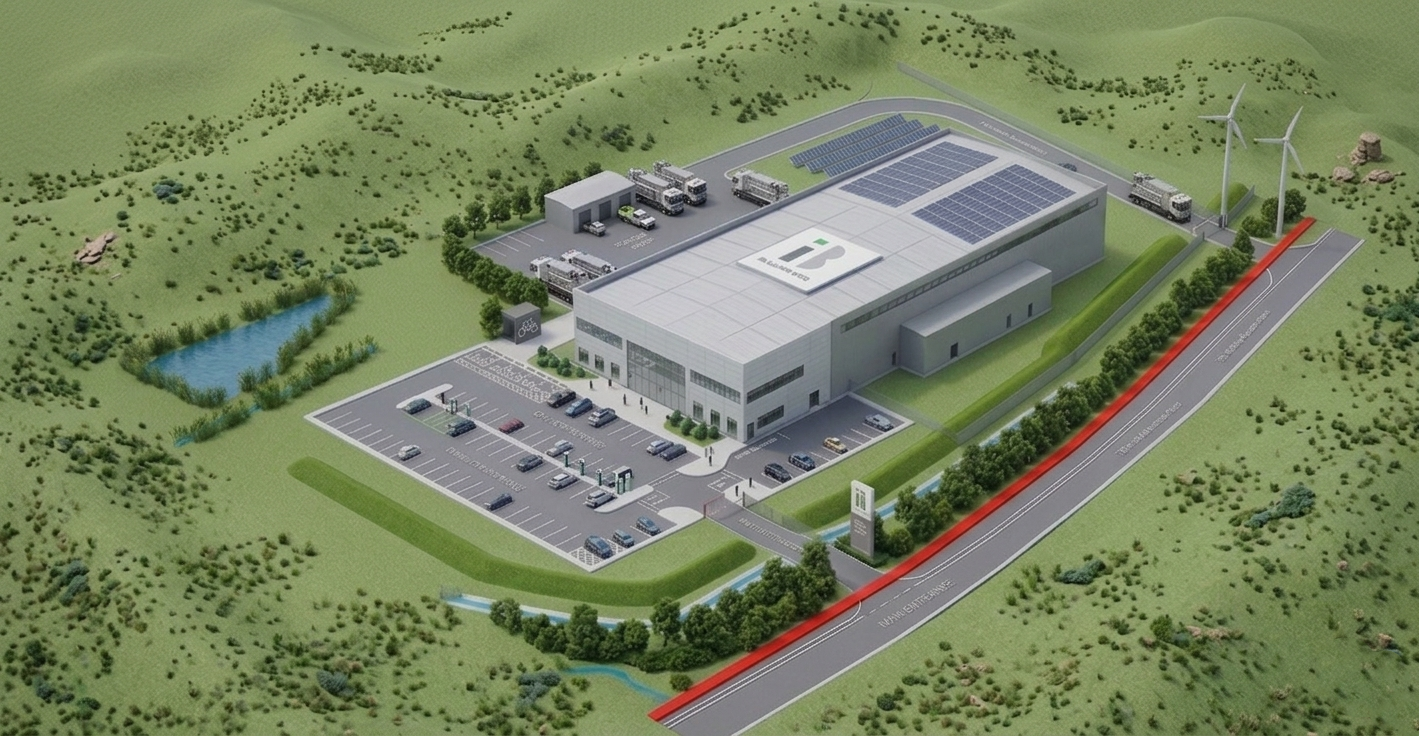 3D aerial view of Revive Eco Park — sustainable manufacturing campus with solar arrays, wind turbines, and facility buildings